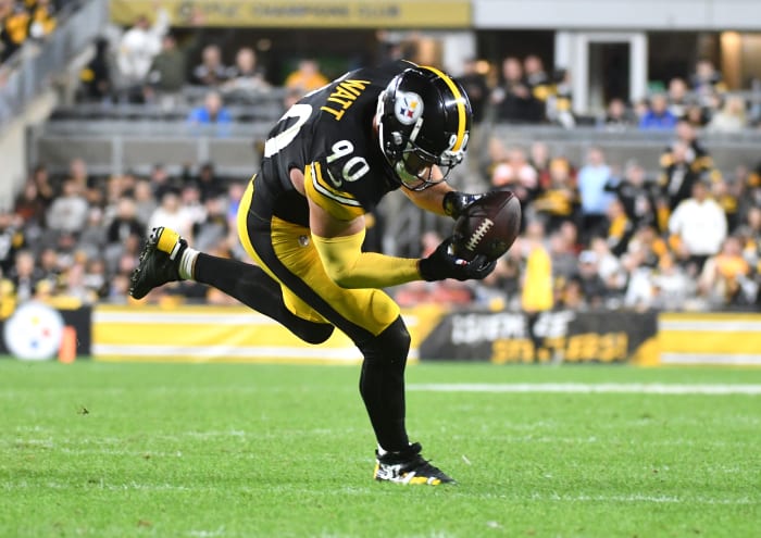 Sep 18, 2023; Pittsburgh, Pennsylvania, USA; Pittsburgh Steelers linebacker T.J. Watt (90) recovers a fumble and takes it into the endzone for a touchdown in the fourth quarter against the Cleveland Browns at Acrisure Stadium. The score put the Steelers ahead as they won 26-22. Mandatory Credit: Philip G. Pavely-USA TODAY Sports